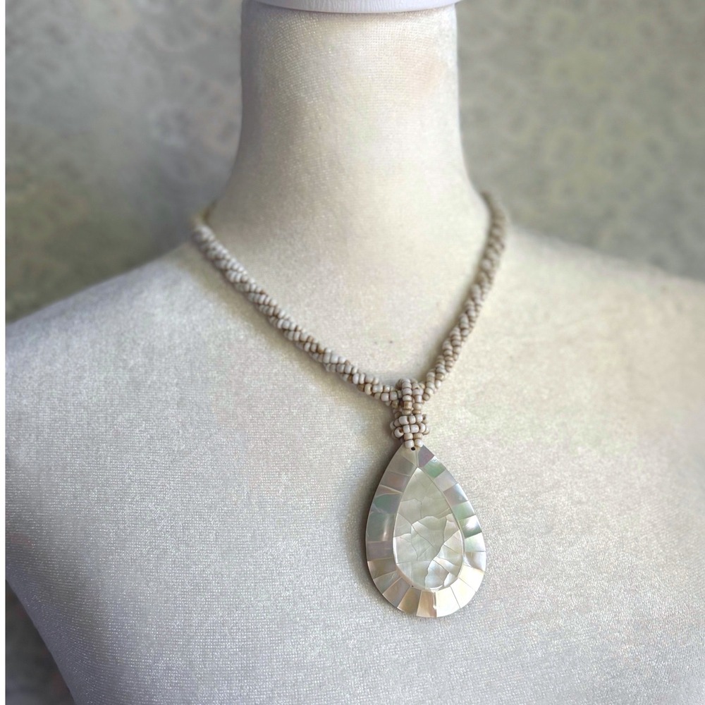Mother of Pearl Mosaic Teardrop Pendant Seed Bead Necklace Cream Boho Coastal